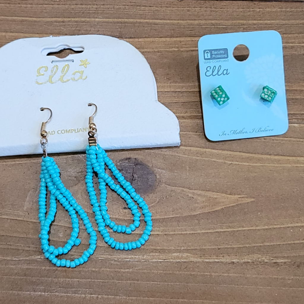Ella 2 Pair Dangle Blue Earrings/Green Dice Stud Earrings